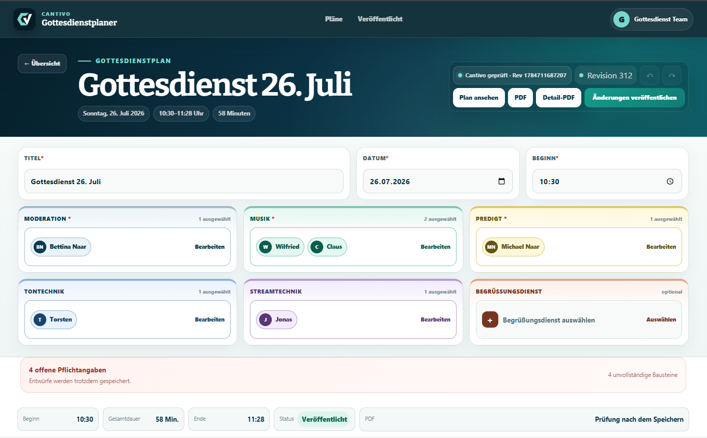 Cantivo-Plan mit Karten für Moderation, Musik, Predigt, Tontechnik, Streamtechnik und Begrüßungsdienst, dazu Buttons für PDF, Detail-PDF und Veröffentlichen