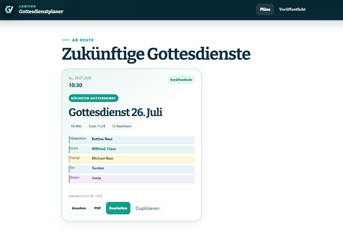 Cantivo-Dashboard „Zukünftige Gottesdienste