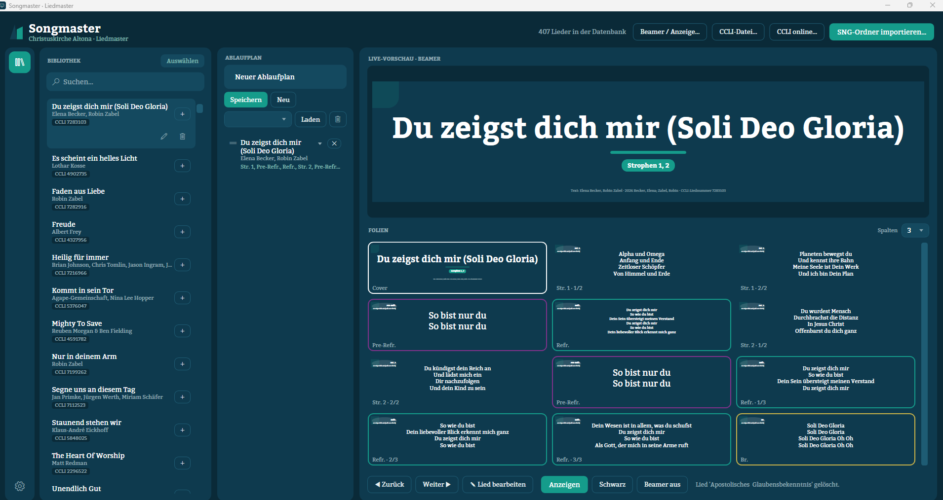 Cantivo mit Liedbibliothek, Ablaufplan, Live-Vorschau und Folienübersicht